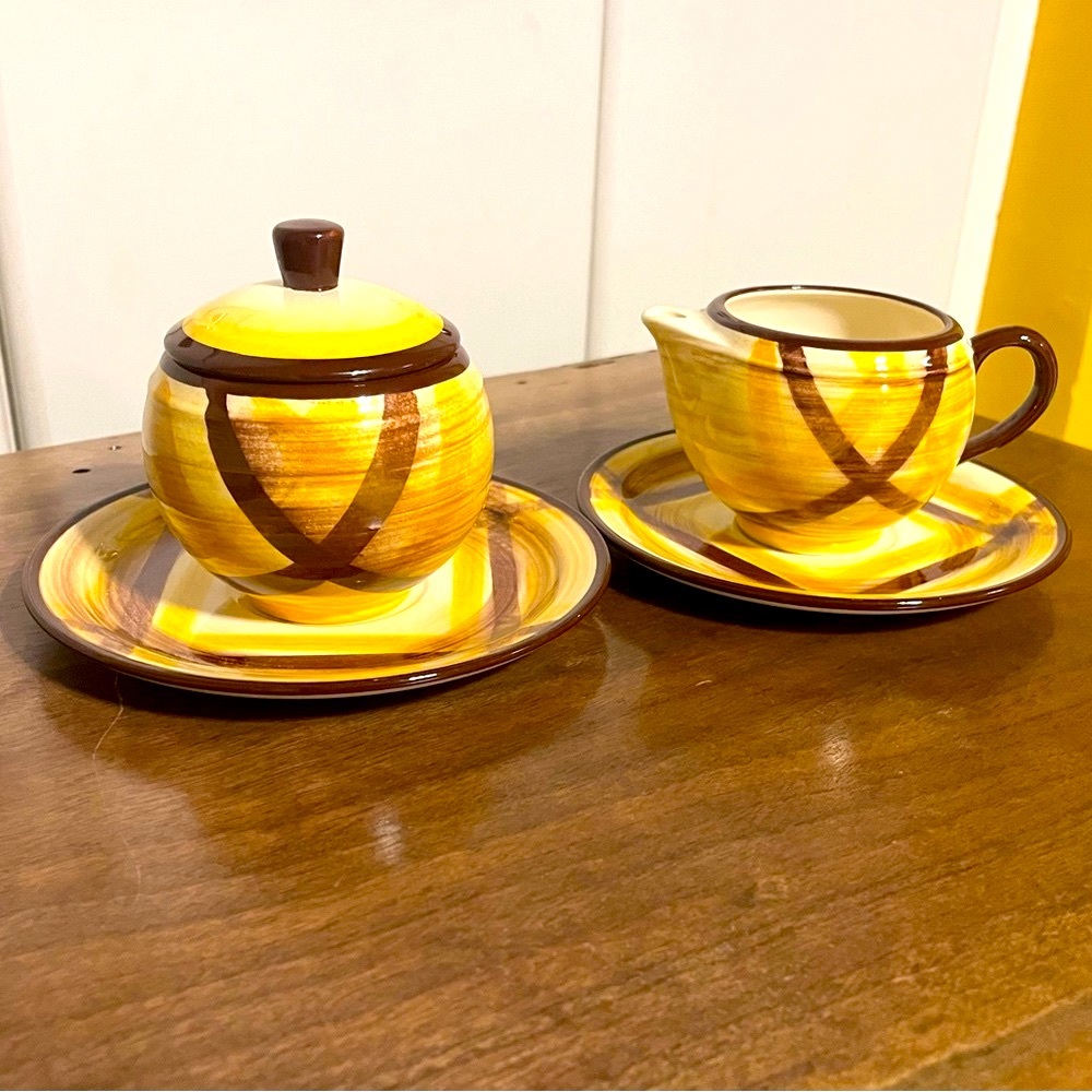 Vintage Vernonware Organdie Lidded Sugar Bowl, Creamer w/ Saucers Hand Painted